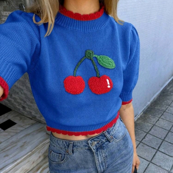Tops - Fall & Winter Women Yellow And Red Knit Cherry Graphic/Halloween /Chr